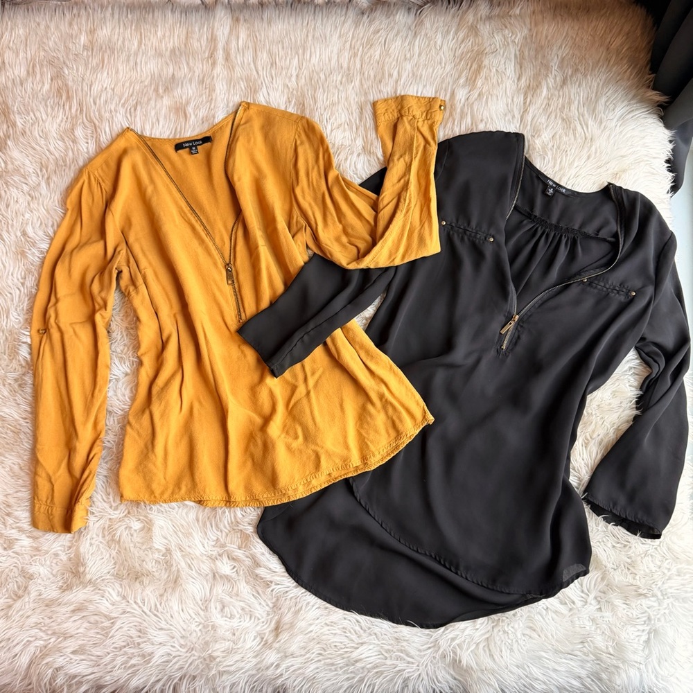 2 Tops - Mustard and Black Zip-Front V-Neck
